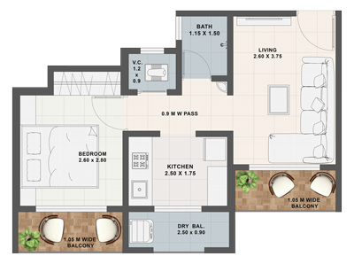 1 BHK Room Plan