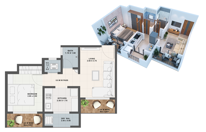 1 BHK Room Plan